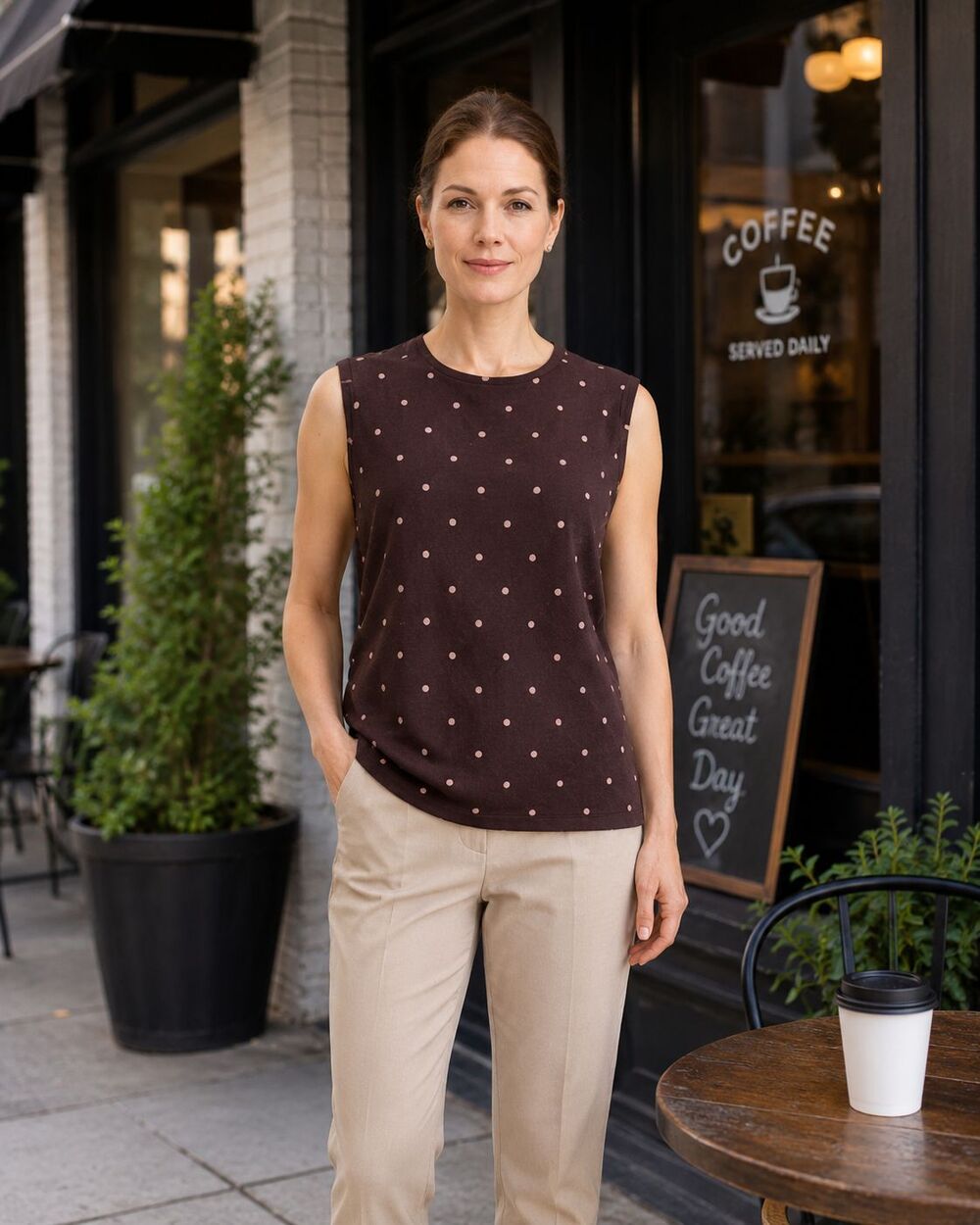 Rena Rowan Seville Brown Blouse Sleeveless Button Back 14